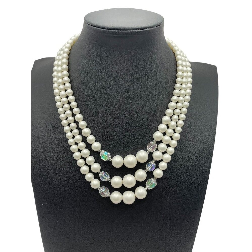 VTG Silver Tone Faux Pearl 3 Strand AB Clear Beaded Japan Adjustable Necklace